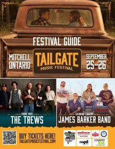Tailgate Music Festival 2026 poster - Friday September 25 rock with The Trews, Saturday September 26 country with James Barker Band, in Mitchell Ontario