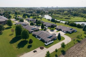 Thames River Place bungalows beside the Thames River, from the air