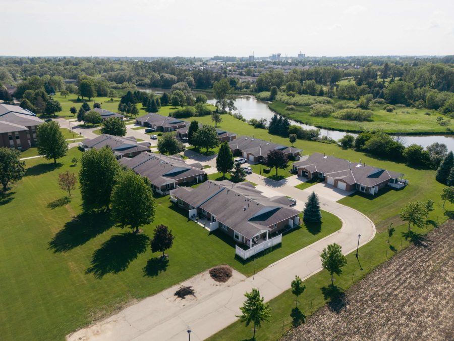 Thames River Place bungalows beside the Thames River, from the air